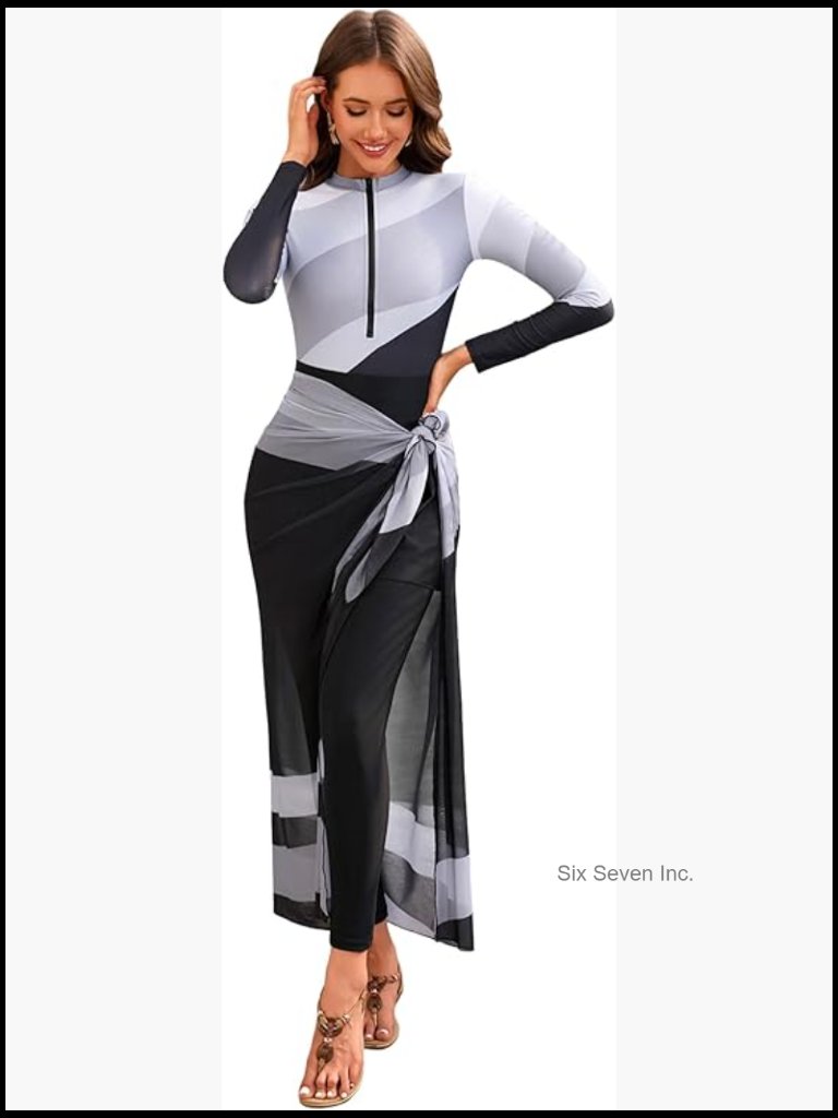 Long Sleeve One Piece Rash Guard Swimsuit Set With Pants And Skirt Modest